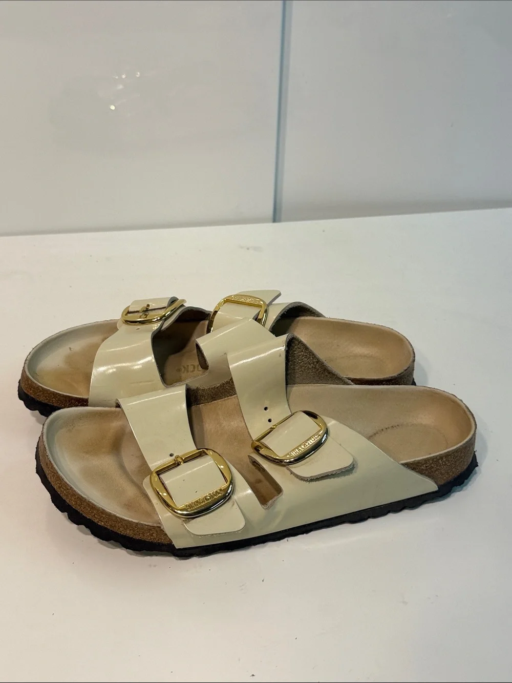 Used Birkenstock Two-Strap Women's Sandals in Cream sz 9 narrow